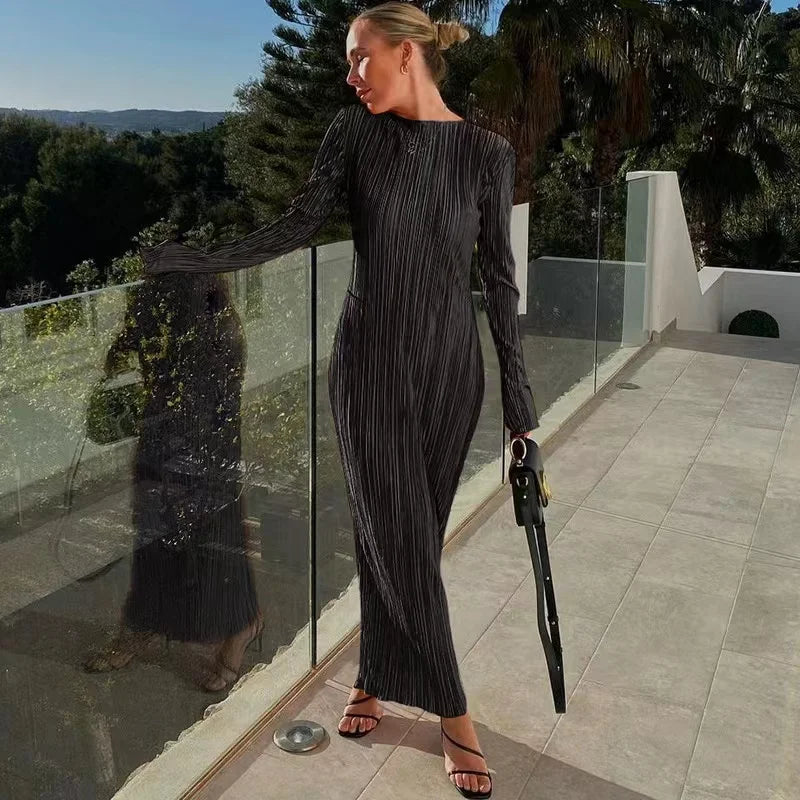 2024 Autumn Elegant Bodycon Dress Women Sexy Solid O Neck Flare Sleeves Long Summer Dresses Holiday Vestidos Black Red Orange