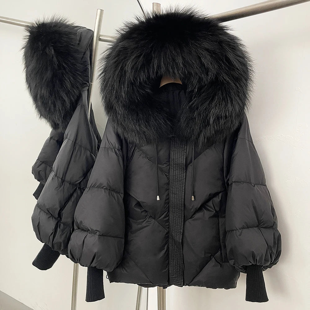 Duck Down Coat Women Winter Real Fox Fur Raccoon Fur Collar Hooded Down Jacket Detachable Thick Warm Loose Streetwear Outerwear