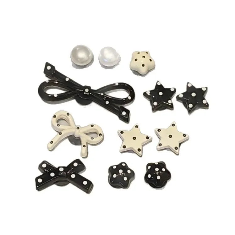 New 1Set Black White Dot Shoe Charms Set DIY Bow Star Pearl Shoe Decorations Silver Advanced Detachable Buckle Shoes Accessories