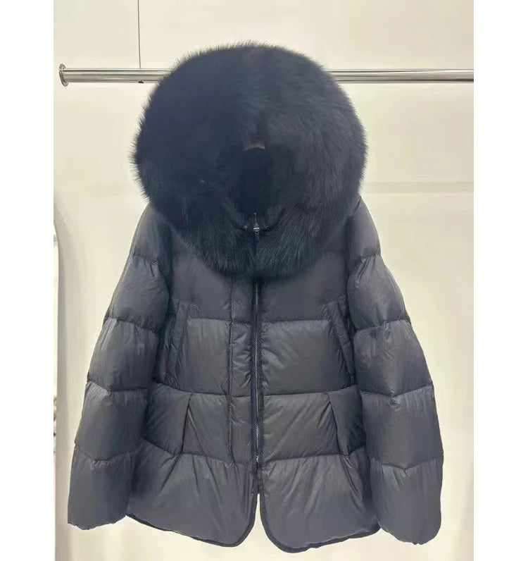 Schinteon Women 100% Real Fox Fur Collar White Duck Down Jacket with Hood Autumn Winter Warm Casual A-lined Warm Outwear Cape