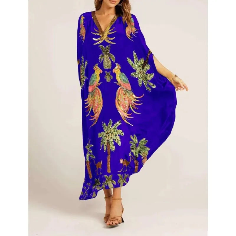 Women Bohemian Maxi Dresses 2025 Summer Loose V-neck Fashion Sexy Hipster Elegant Retro Printed Female Casual Long Robe Vestidos