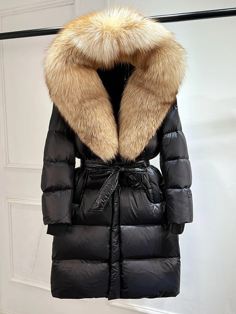 Janveny Winter Real Natural Fox Fur Hooded Long Puffer Down Jacket Women 90% Goose Down Coat Thick Warm Female Shiny Parkas