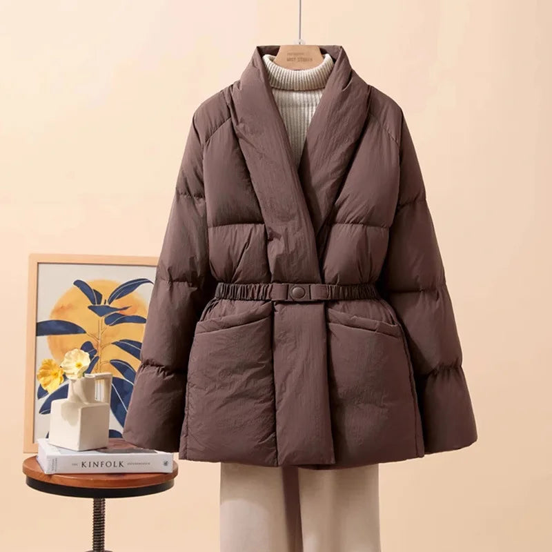 Schinteon Women White Duck Down Jacket Casual Loose Belt V-neck Collar Fashion Autumn Winter Outwear Korean Style Coat 2025 New