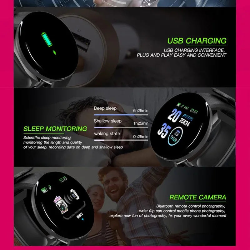 D18 Smart Watch Heart Rate Monitor Men's Women's Smartwatch Round Fitness Digital Watches for Men Women Band Bracelet PK D20 Y68