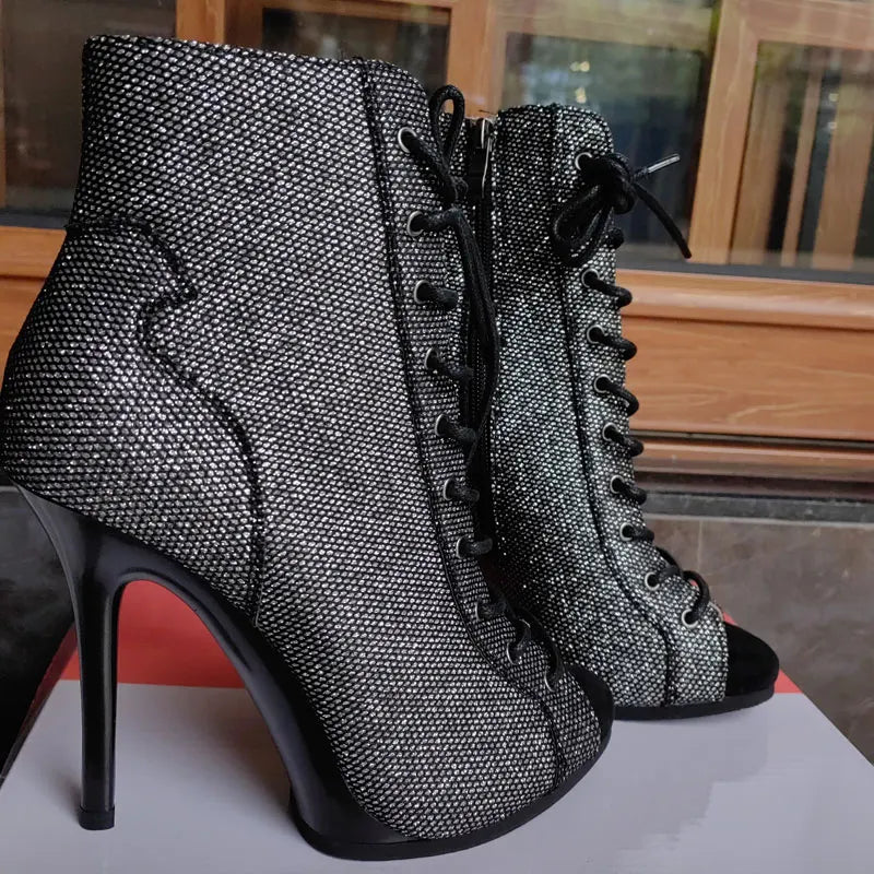 2025 Peep Toe Boots Lace up Female Shoes platform For Latin Dancing Street Sexy Stilettos Booties Plus Size 35-42