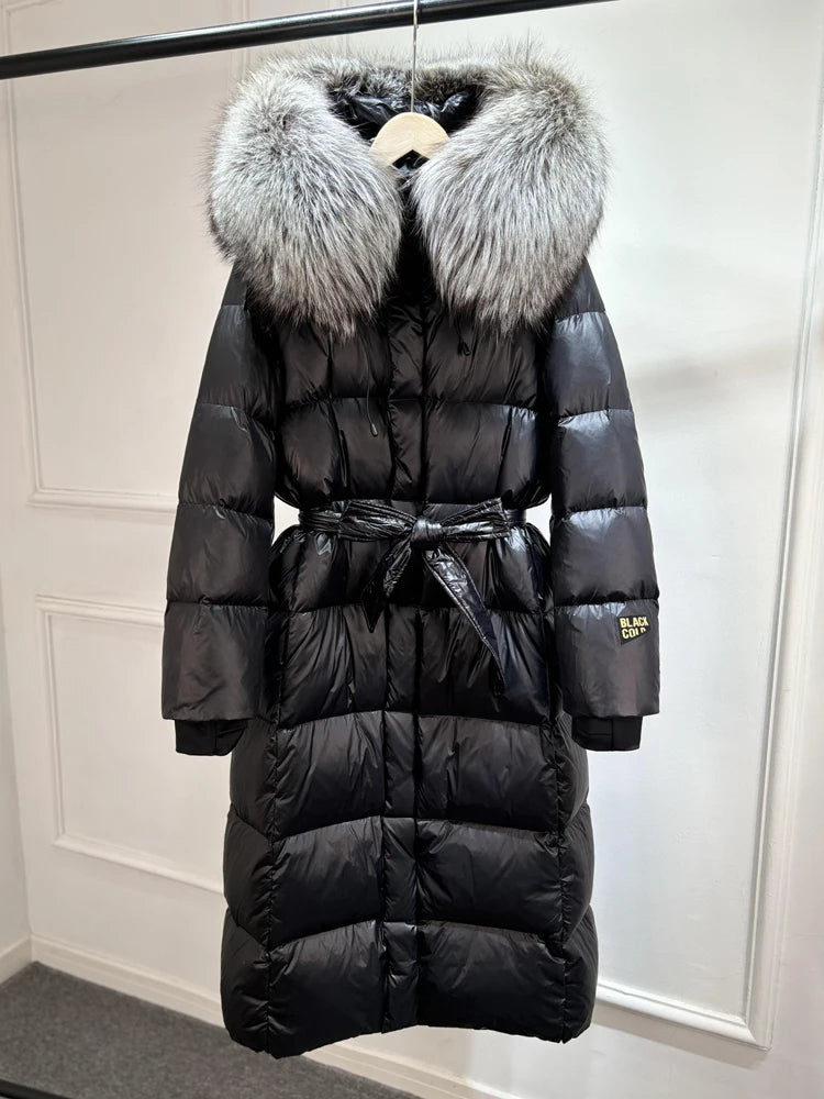 Janveny X-long Shiny Puffer Jacket Women Hooded Winter Thick Goose Down Coat Belt Large Natural Fox Fur Female Parkas Waterproof