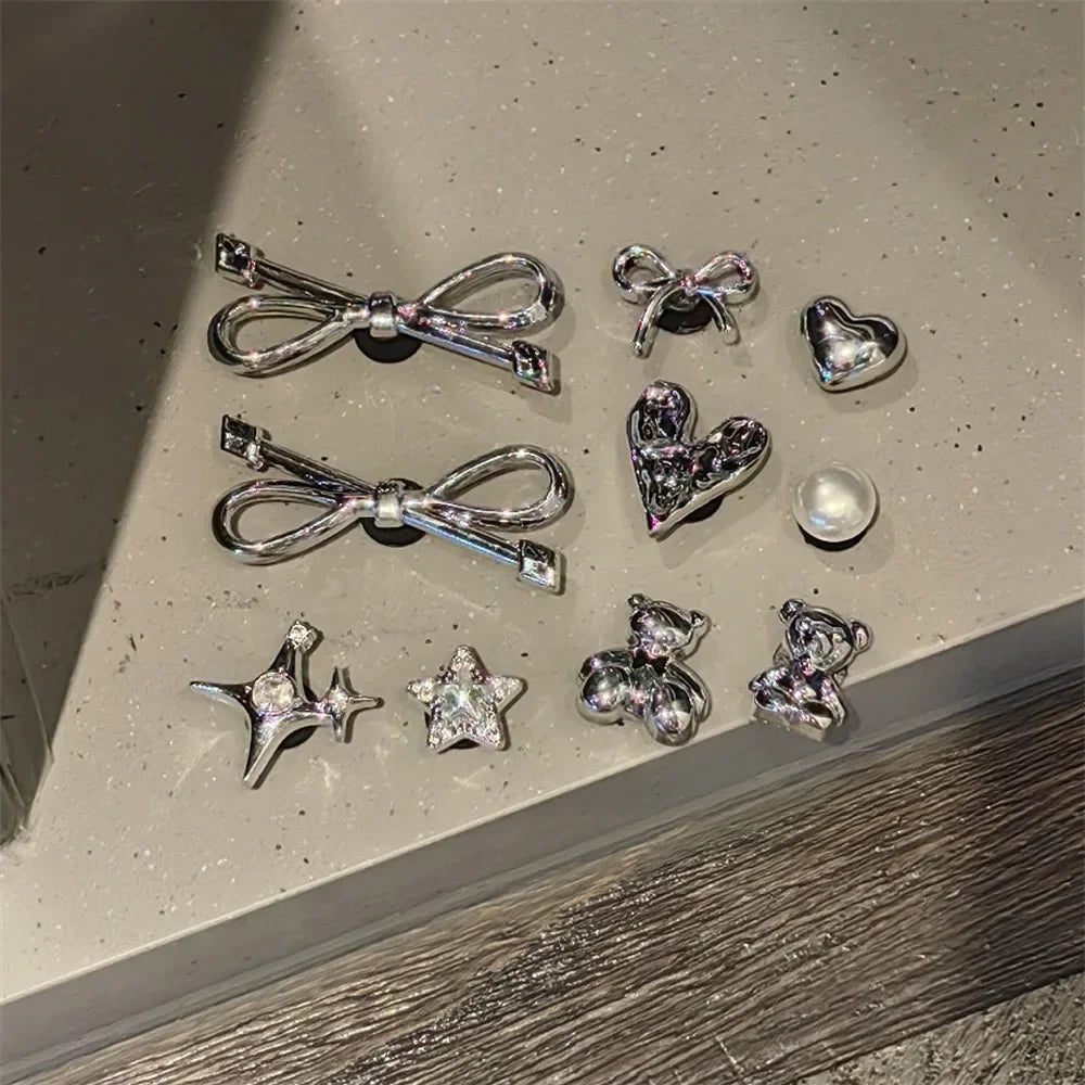 New 1Set Black White Dot Shoe Charms Set DIY Bow Star Pearl Shoe Decorations Silver Advanced Detachable Buckle Shoes Accessories