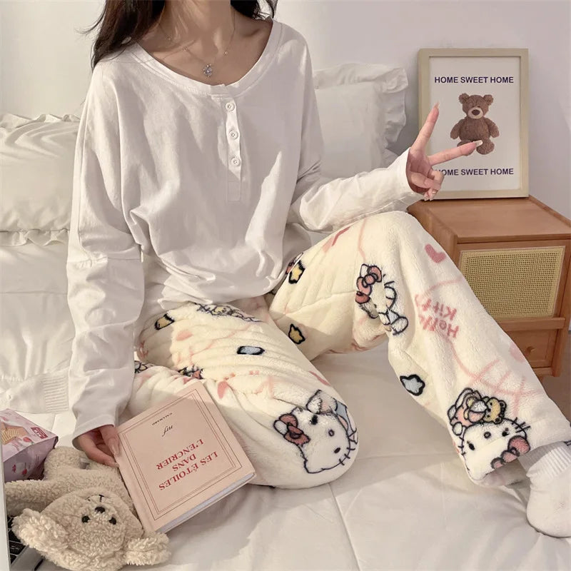 HelloKitty Warm Coral Velvet Sleepers Women's Flannel and Velvet Thick Pants Sleepwear Plush Large Home Pants