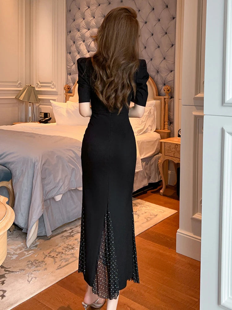 Women‘s Fashion French Retro Maxi Dress Woman Elegant Black Skinny Fishtail Robe Evening Party Vestidos Prom Banquet Gown Female