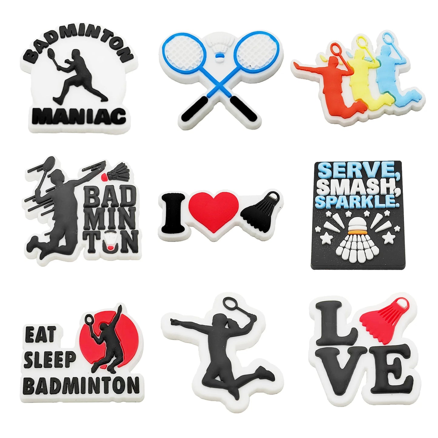 1-9PCS Sport Love Badminton Maniac PVC Shoe Charms For Clogs Pins Fit Wristbands Garden Shoes Button Decorations Kid Gift