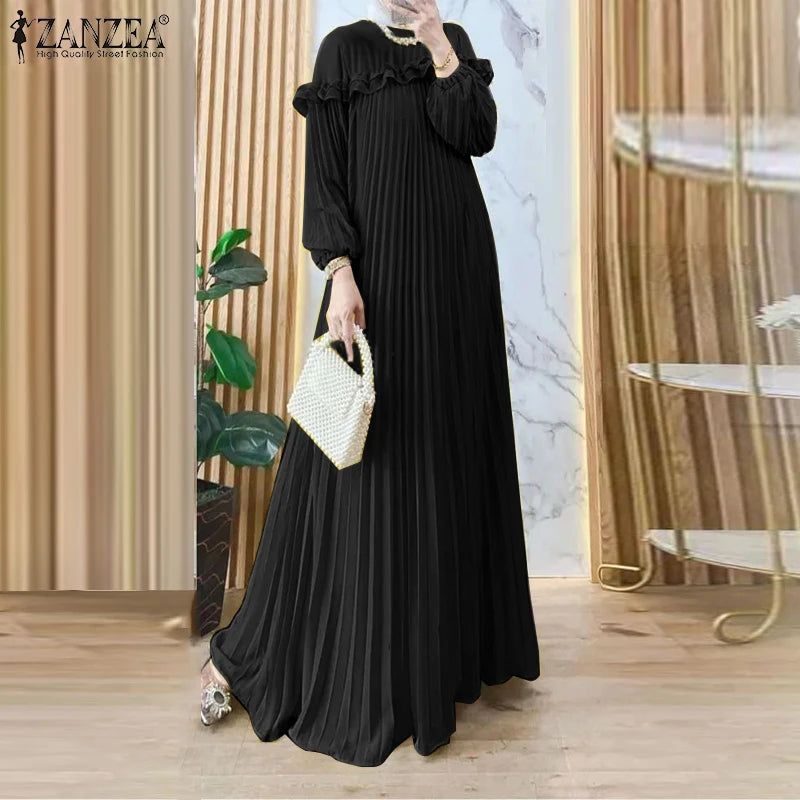 Elegant Autumn Maxi Dresses 2025 ZANZEA Women Fashion Long Sleeve Pleated Party Sundress IsIamic Robe Muslim Abaya Hijab Dress