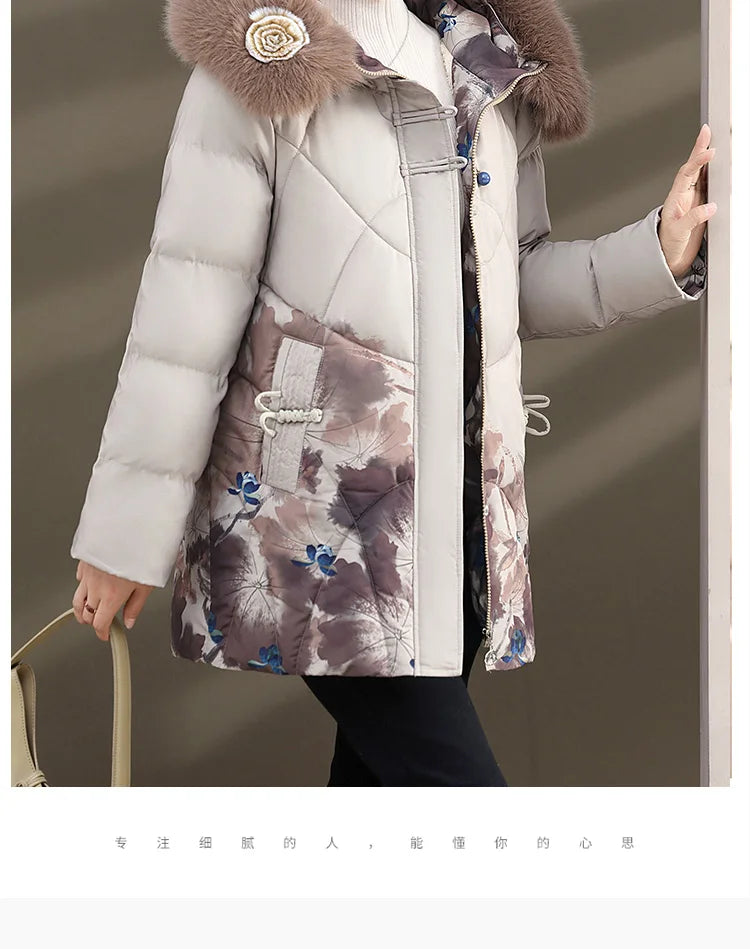 Women's Clothes Middle Aged Women Winter Jacket Long Warm Parkas Female printing Coat Thicken Cotton Padded Hooded Jacket