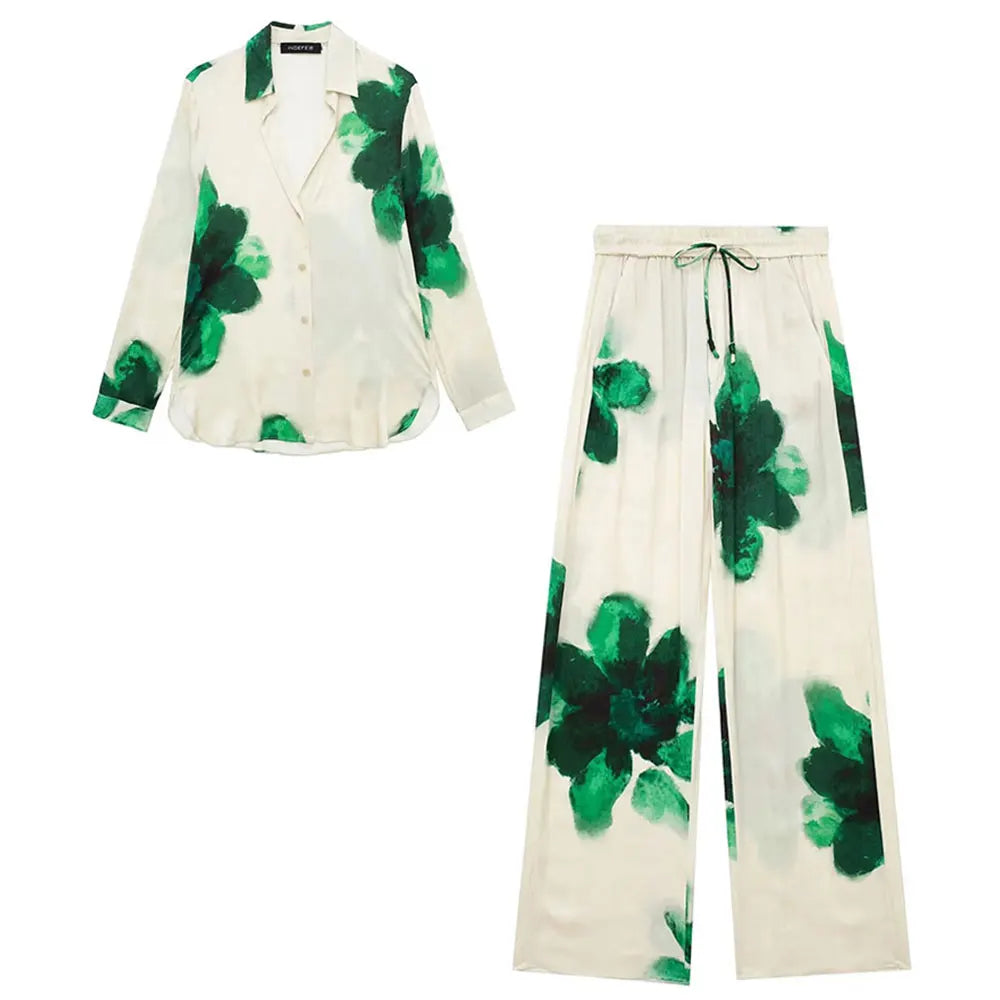 HH Women Fashion Floral Print Blouse Pant Sets Long Sleeve Lapel Shirt Drawstring Wide Leg Trousers Female Streetwear Suit
