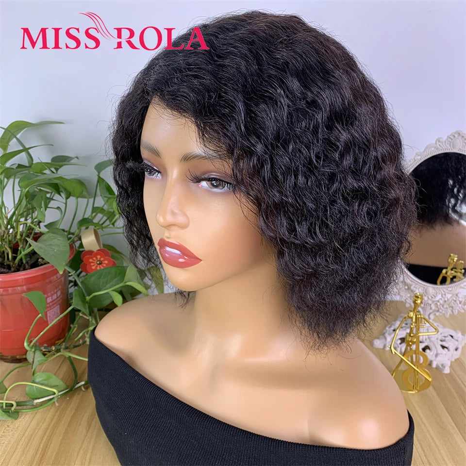 Miss Rola Brazilian 4X1 Lace Part Human Hair Wigs Right Side Part Water Wave Wig With Bangs Remy Lace Wig 180% Density