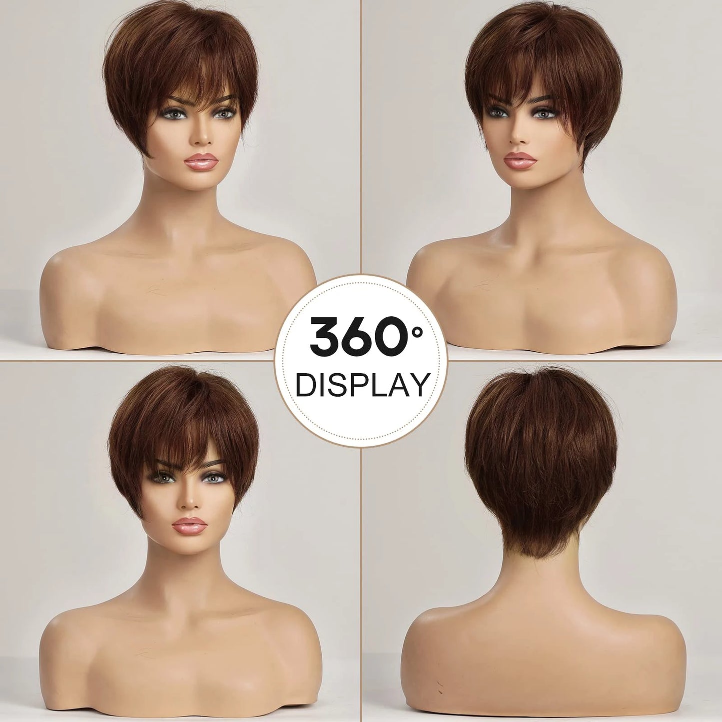 Short Brown Human Hair Wigs with Bangs HD Lace Frontal Wig Remy Human Hairs Brown Bob Pixie Cut Straight Glueless Wigs for Women