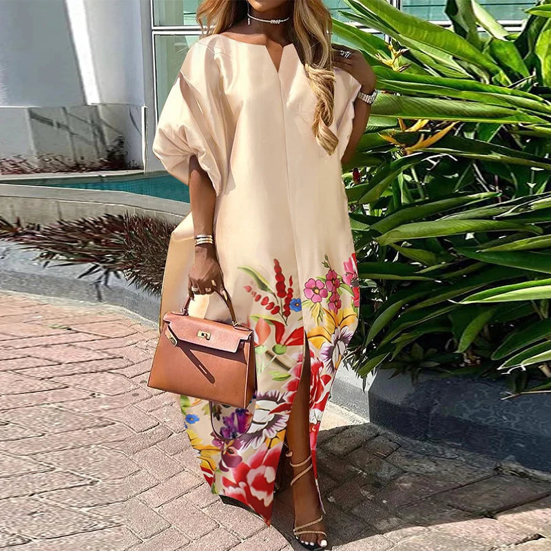 Bohemian Maxi Long Dress 2025 Women Satin Silk Sundress Elegant Summer Half Sleeve V Neck Vestidos Oversized Casual Loose Robe