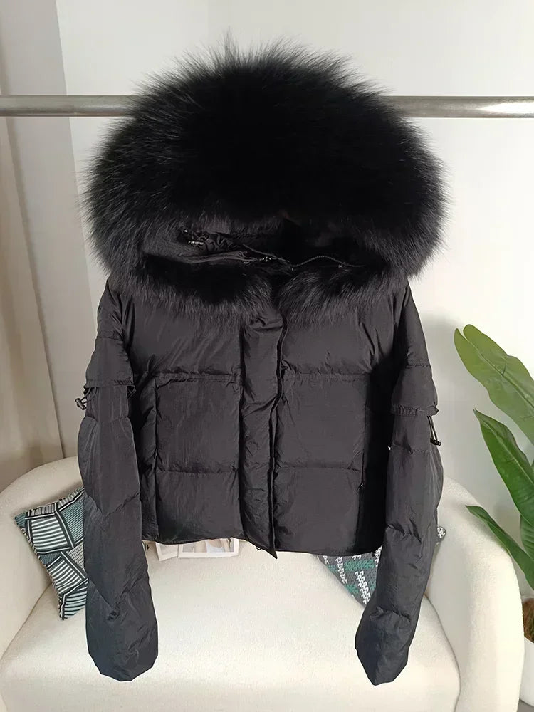 Outerwear Autumn Winter Women Hooded Fashionable Streetwear Detachable Sleeve Real Raccoon Fur Collar Jacket Duck Down Loose