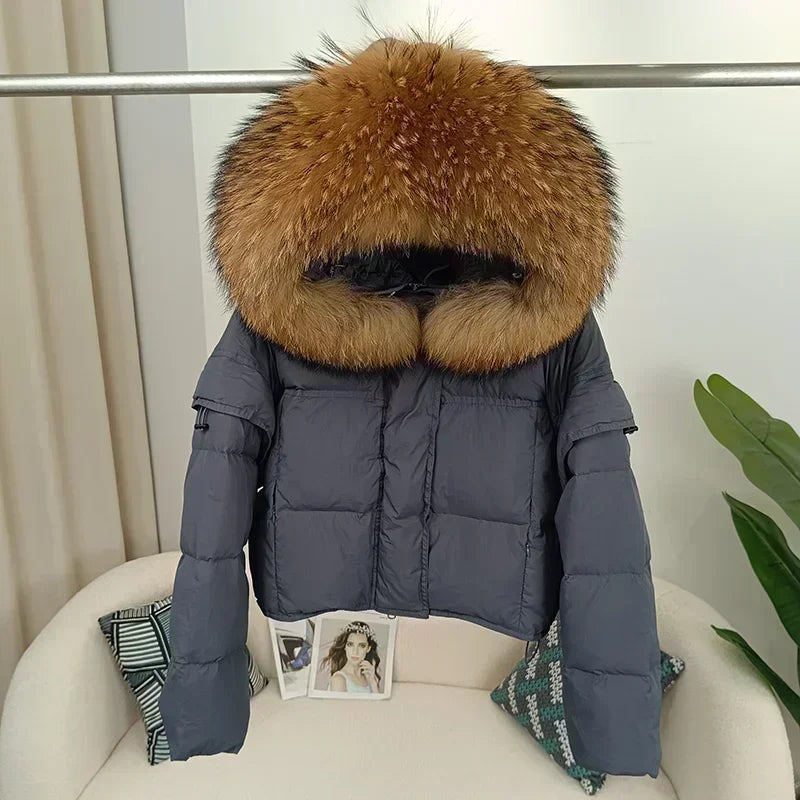 Outerwear Autumn Winter Women Hooded Fashionable Streetwear Detachable Sleeve Real Raccoon Fur Collar Jacket Duck Down Loose