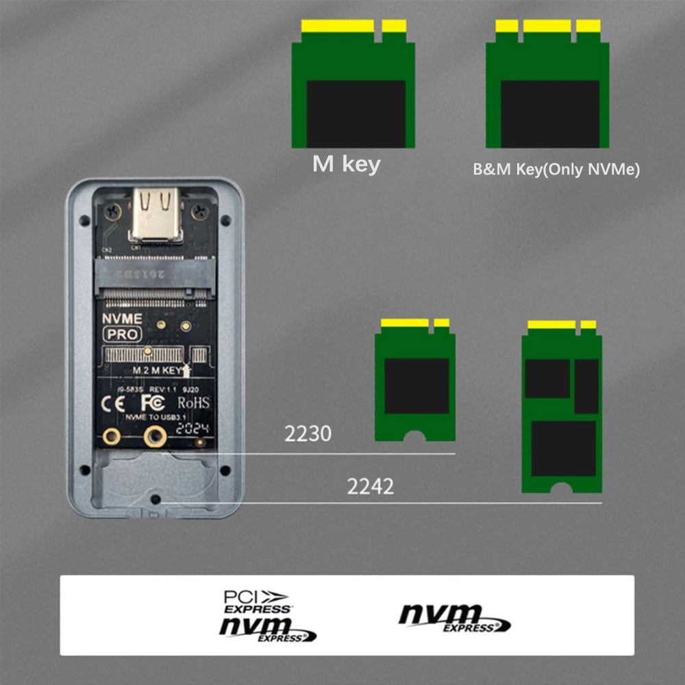 2230 2242 M.2 NVMe Case Enclosure NVMe to USB Adapter M.2 Box 10Gbps USB3.1 Gen 2 PCIe M2 SSD Case  For 2230 2242 Drive 583 Chip