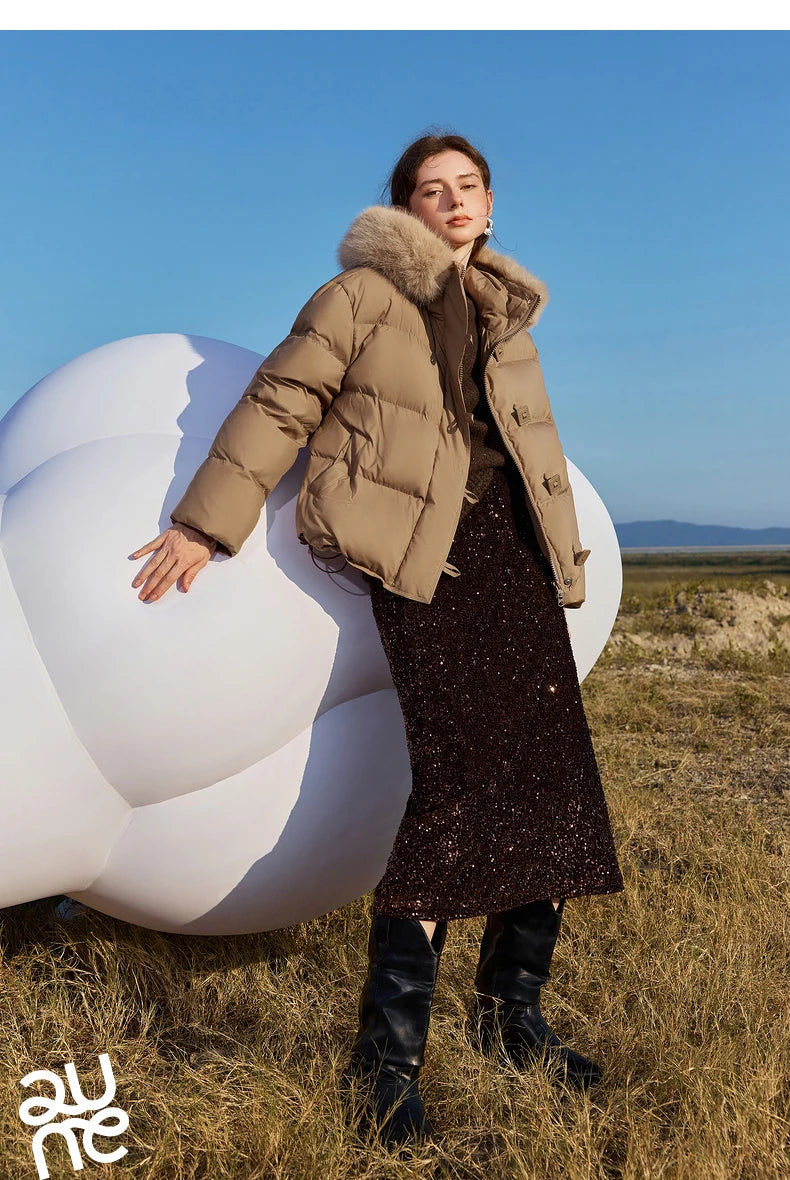 TOYOUTH Women Down Jacket 2024 Winter New 90% White Duck Down Fur Collar Hooded Warm Jacket Coat