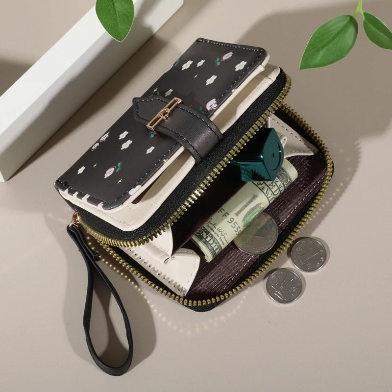 Flower patterned credit card holder for women or men's small card case with zipper hand-held wallet