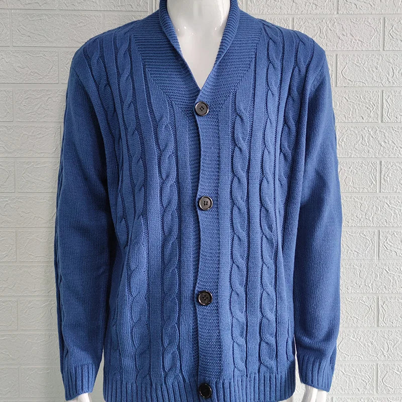 Autumn Winter Men's Warm Knitted Sweater Solid Single-breasted Twisted Texture Cardigan Lapel Slim Buttoned Thick Sweater Male