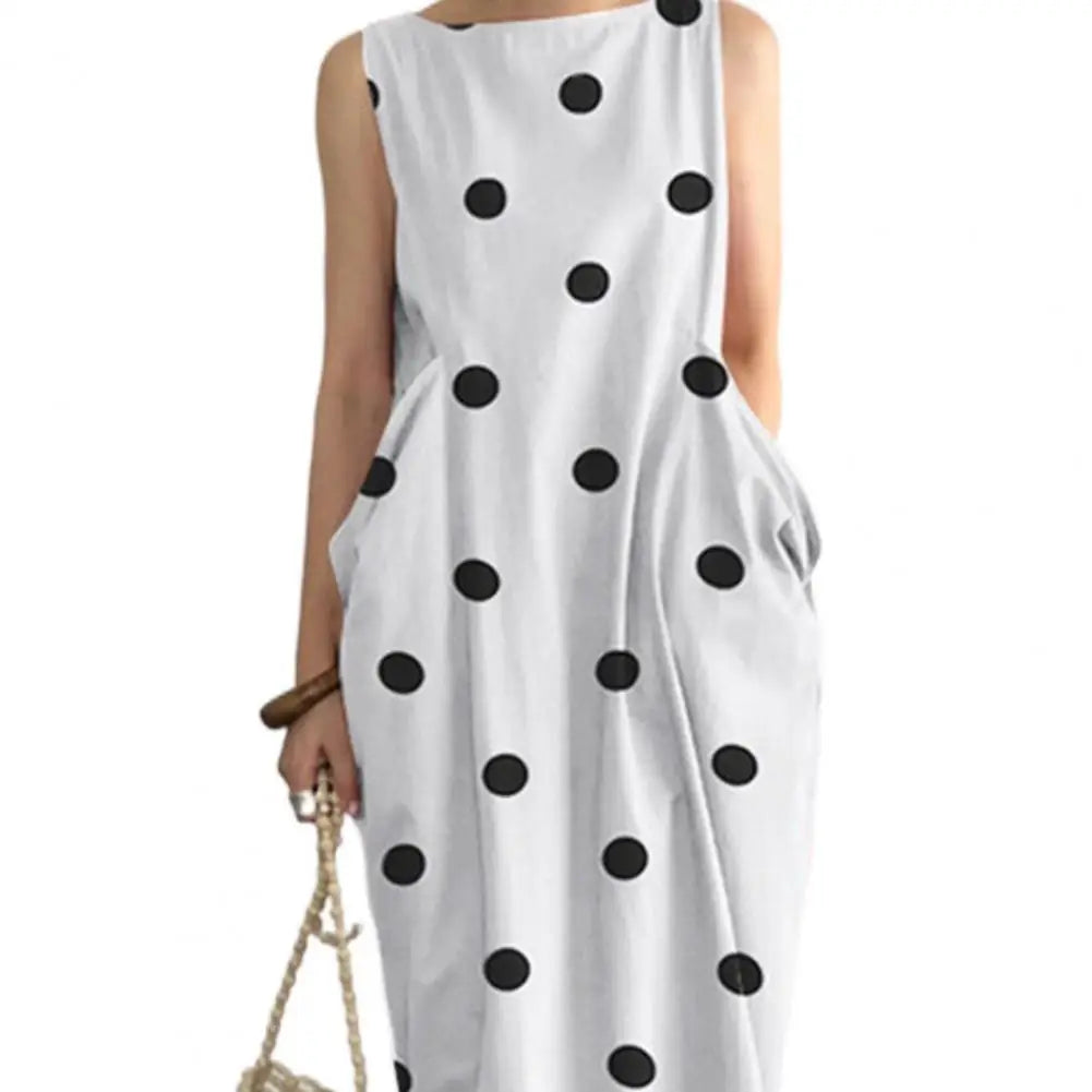 Loose Maxi Dress Summer Maxi Dress with Dot Print O Neck Big Pockets for Women Soft Ankle Length Beach