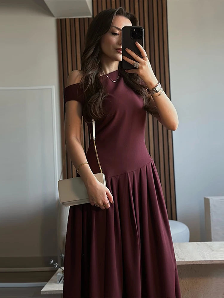 Summer Lady Patchwork Pleated Maxi Dress Chic Elegant Black Half-turtleneck Short Sleeve High Waist Dresses Office Street Robes