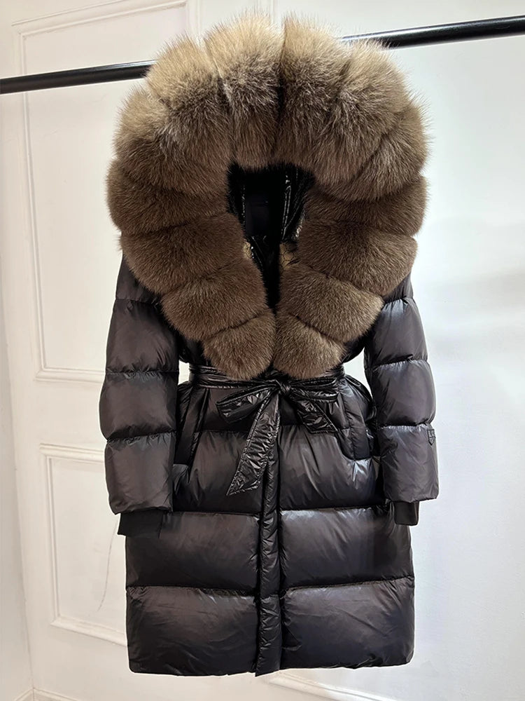 Janveny Winter Real Natural Fox Fur Hooded Long Puffer Down Jacket Women 90% Goose Down Coat Thick Warm Female Shiny Parkas