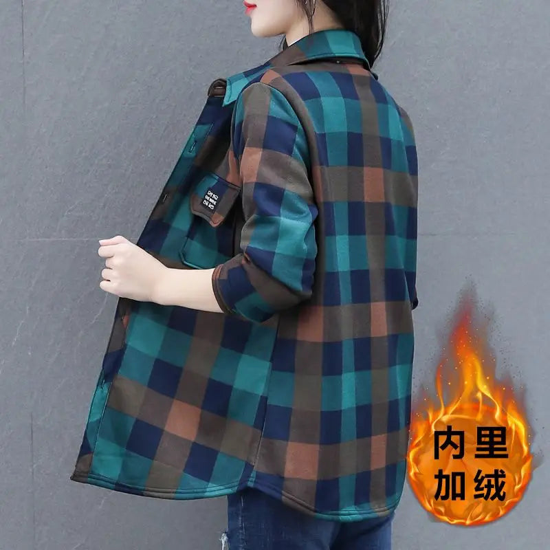Women's Plaid Plus Velvet Shirt Vintage Thickened Oversized Keep Warm Woolen Blouses Loose-Fit Tops Outwear Female Clothes Shirt