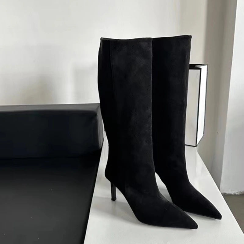 SUOJIALUN Brand Women Long Boots Fashion Pointed Toe Slip On Ladies Elegant Knee-high Boots Thin High heel Outdoor Dress Pumps