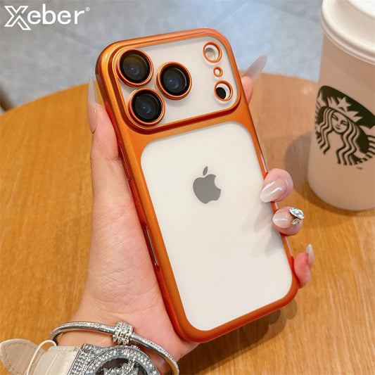 Luxury Frosted Transparent Matte Phone Case For iPhone 16 15 17 Pro Max Air Full Lens Protector Metallic Color Frame Armor Cover