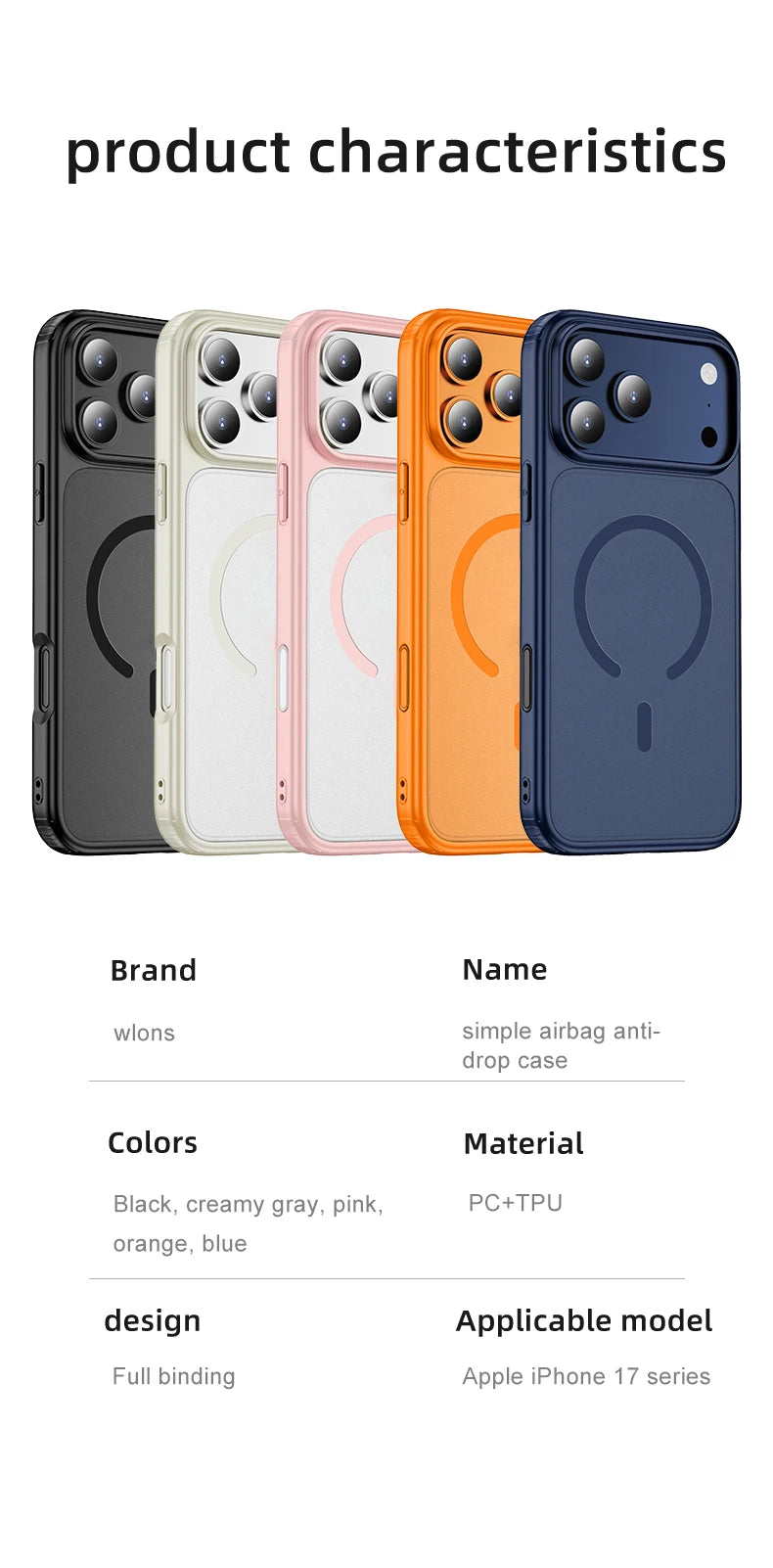 Wlons Magsafe Magnetic Wireless Charging Frosted Shockproof Case for iPhone 17 Pro Max 17 Air Skin Feel Rugged Armor Cover
