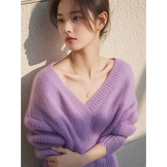 Women Clothes Spring Autumn Fashion Simplicity Elegant Solid Color V-neck Ladies Appear Thin Lazy Wind Long Sleeve Slsweater Top