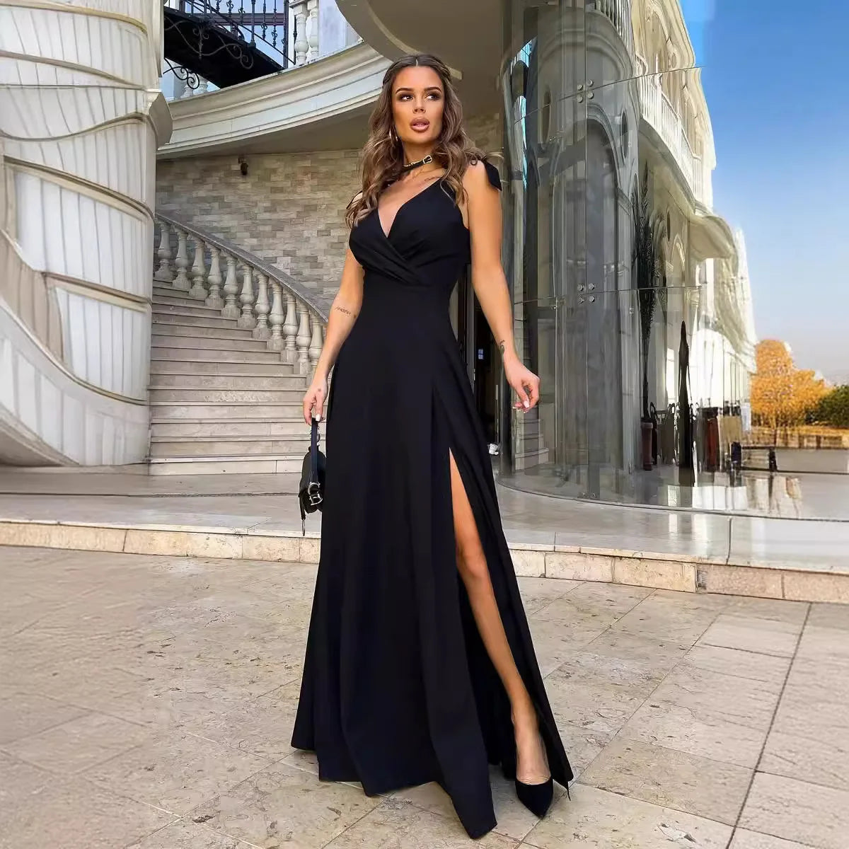 Elegant Summer Maxi Dress for Women High Waist V-Neck Bowknot Strap Side Split Long Evening Party Gown Female Cross Design