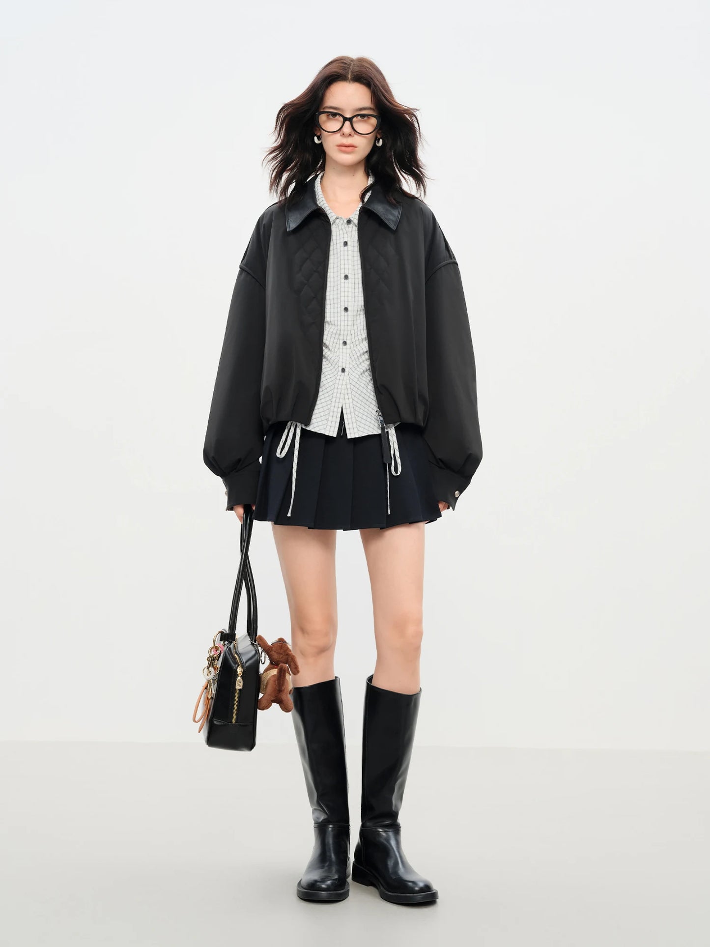 FSLE Barn Style Lightweight Padded Jacket Women's 2025 Winter Vintage Academic Plaid Panel Short Coat Retro College Outerwear