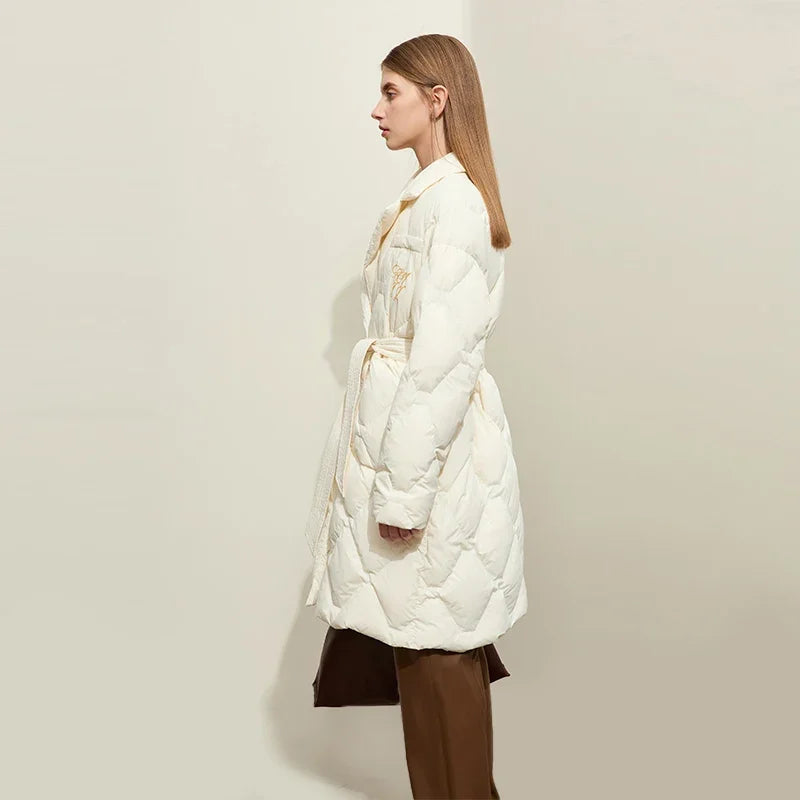 AMII Minimalism Down Jacket For Women 2025 New Blazer Collar Winter Lightweight Thermal Belt Diamond Solid Coat Female 12344061