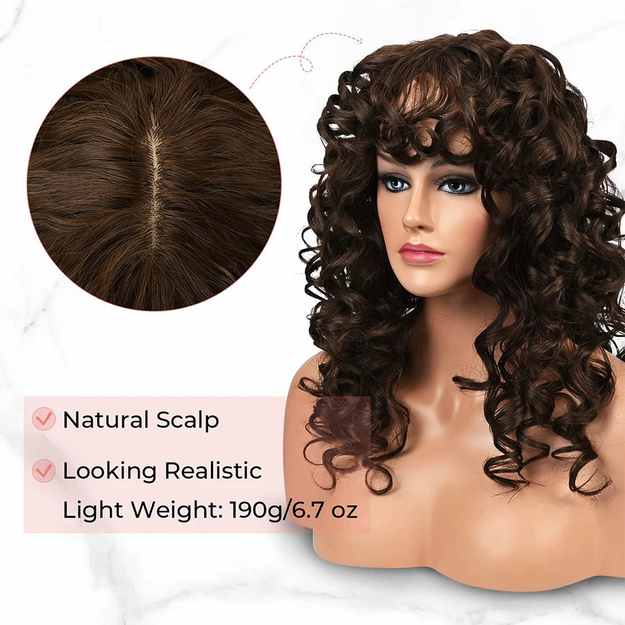 Curly Wig with Bangs for Women Long 16Inch Kinky Wigs with Wispy Bangs for Daily Use Party Cosplay-Chocolate Brown