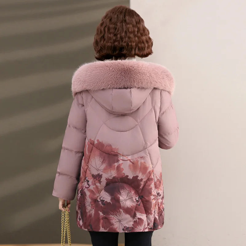 Women's Clothes Middle Aged Women Winter Jacket Long Warm Parkas Female printing Coat Thicken Cotton Padded Hooded Jacket