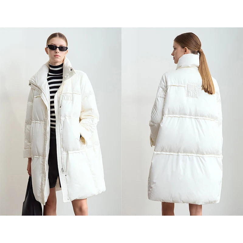 Amii 2024 Winter New Women's Velcro Loose Coat Top Warm Stand-up Collar Letter Embroidered Seal Zipper Down Jacket 12444103