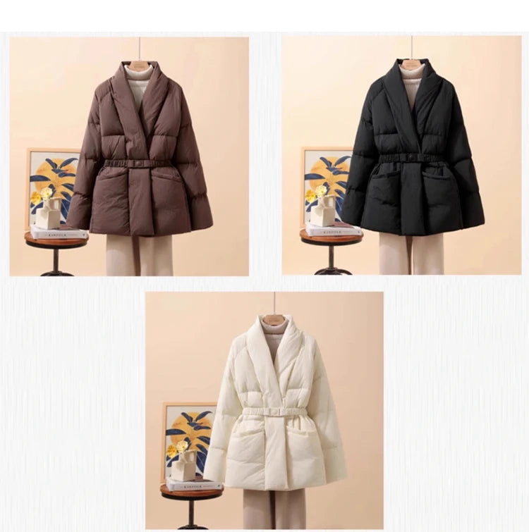 Schinteon Women White Duck Down Jacket Casual Loose Belt V-neck Collar Fashion Autumn Winter Outwear Korean Style Coat 2025 New
