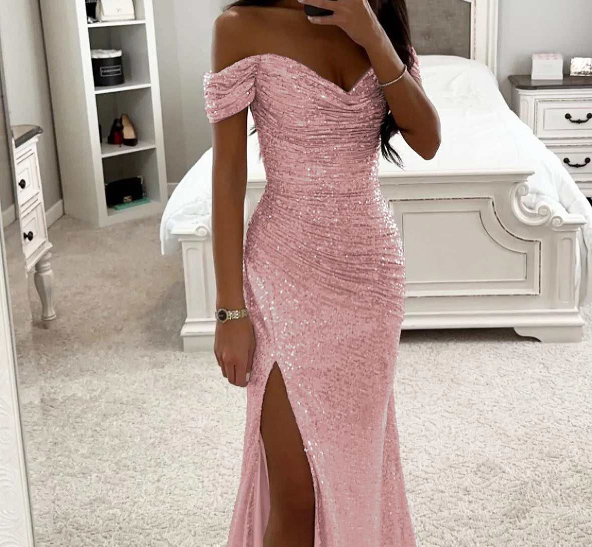 Women's Sexy Party Maxi Dress New Sequined One-line Collar Slit Dress Casual Fashion Prom Eveging Dresses For Women Robe Femme