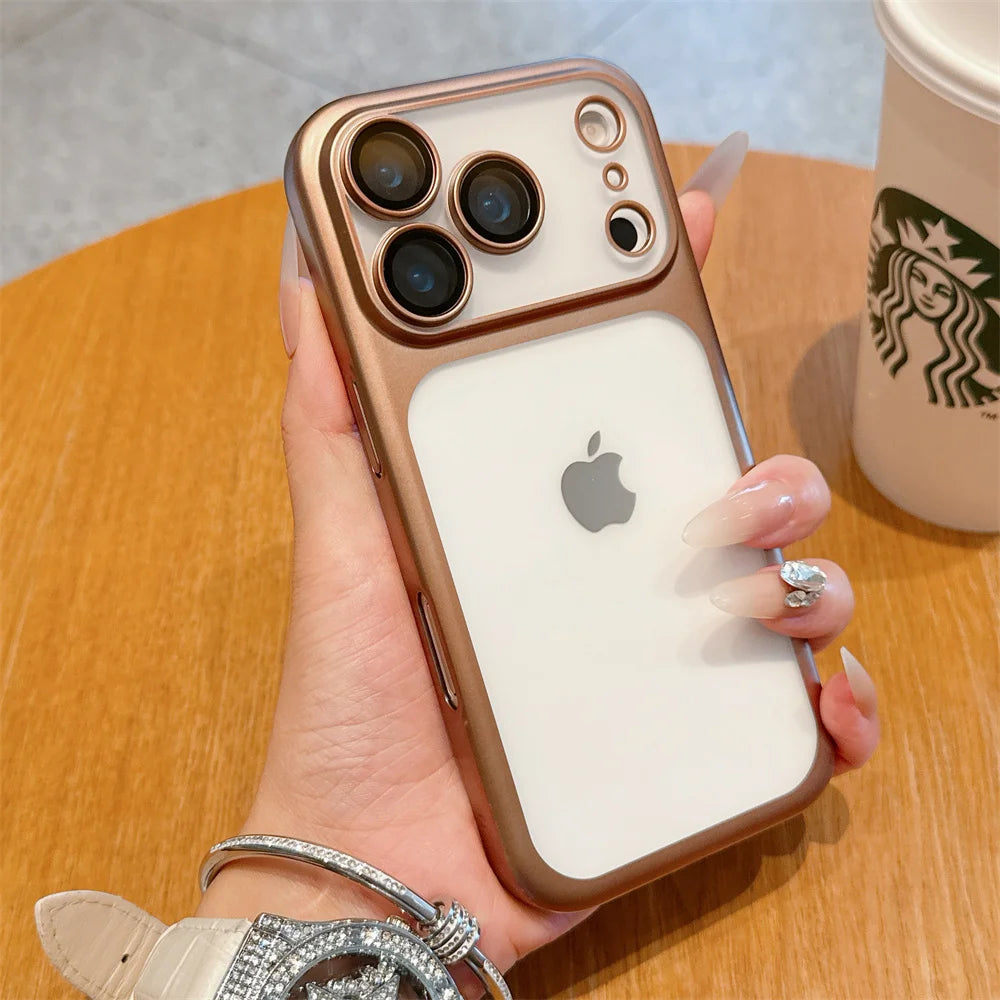 Luxury Frosted Transparent Matte Phone Case For iPhone 16 15 17 Pro Max Air Full Lens Protector Metallic Color Frame Armor Cover