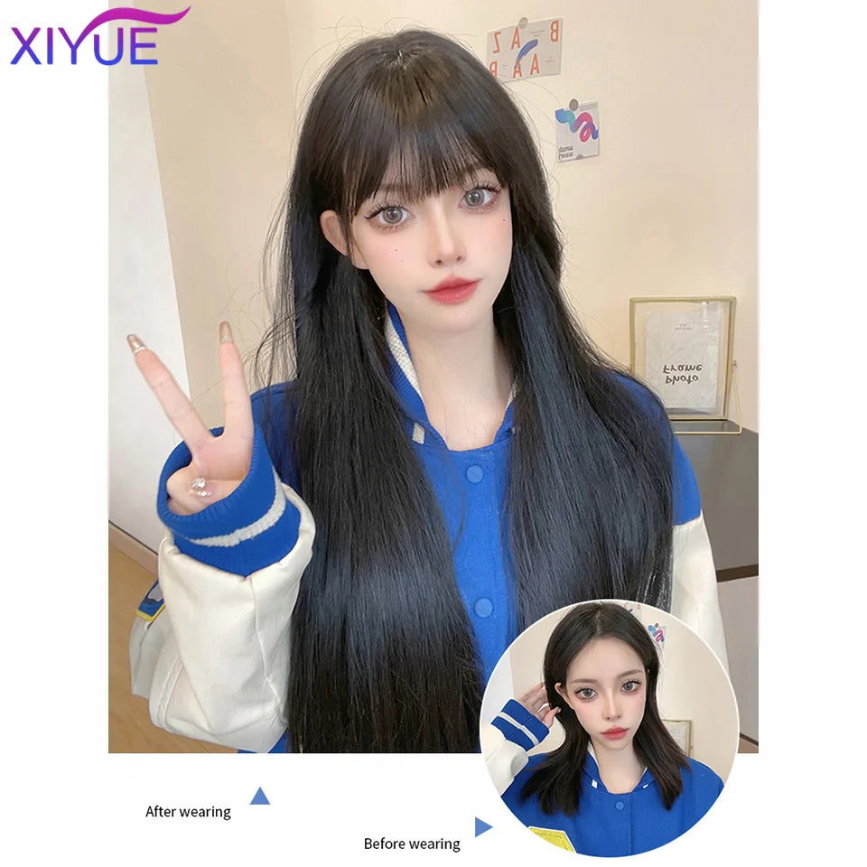 XIYUE Long Straight Black Wig With Bang Synthetic Wigs for Women Heat Resistant Natural Hair for Daily Halloween Cosplay Party