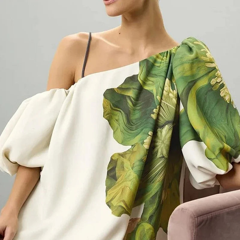 Women New Elegant Floral Printed Evening Maxi Dresses Loose One-Shoulder H-line Vacation Bohemia Dress