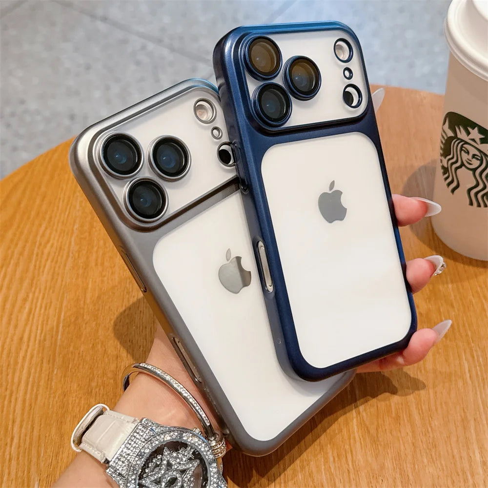 Luxury Frosted Transparent Matte Phone Case For iPhone 16 15 17 Pro Max Air Full Lens Protector Metallic Color Frame Armor Cover