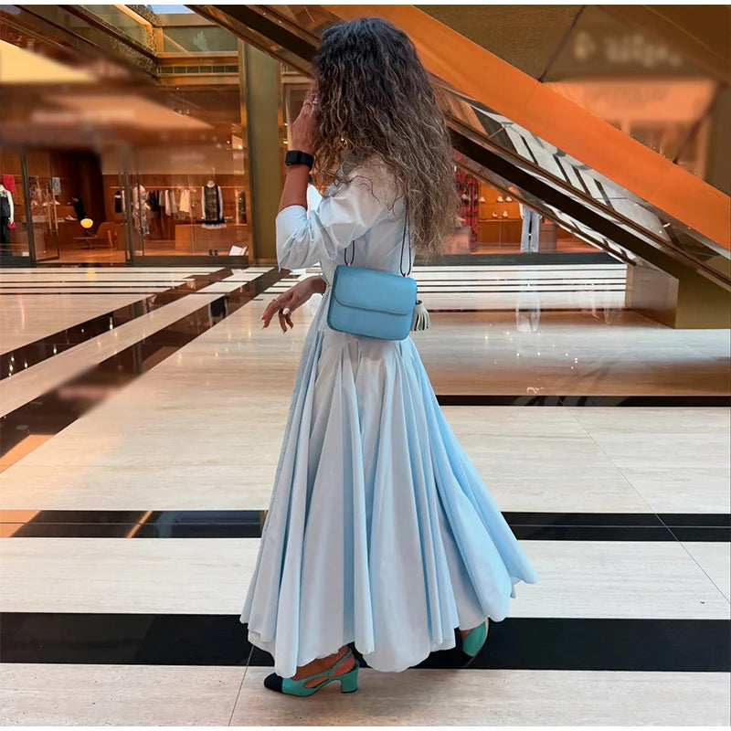 Elegant Single Breasted Khaki Long Dress Women Lapel Short Sleeve Pleat Slim Waist A-line Dresses 2025 Summer Autumn Lady Robes