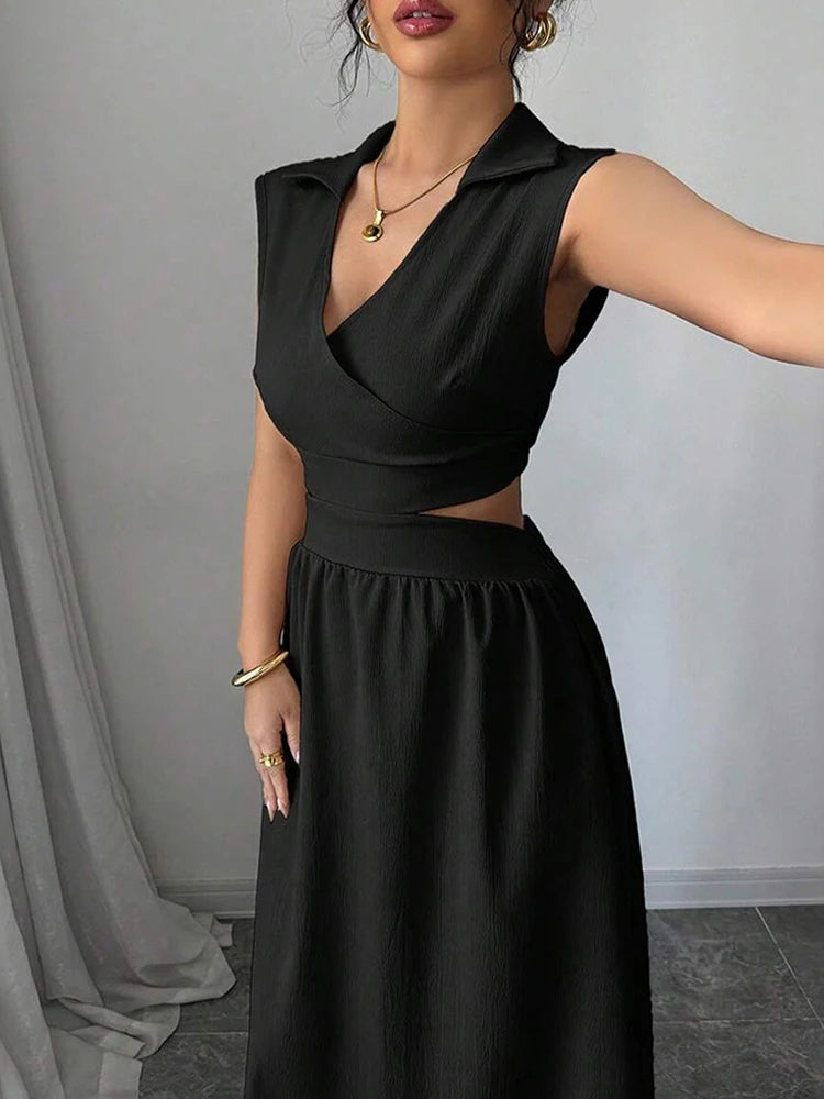 Mia Muse Dresses Summer Comfortable French Elegant Fashion Cut-Out Chic Sleeveless V-Neck Maxi Sweet Dating Dresses For Women