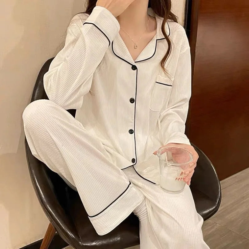 Spring and Autumn Women's Long Sleeve Pajamas Homewear Set Girls Korean Simple Casual Wind Cardigan Homewear Long Sleeve