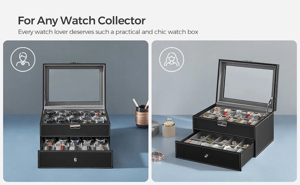 SONGMICSHOME Watch Box Black Synthetic Leather 20-Slot Watch Case with Glass Lid 2 Layers Lockable Watch Display Case